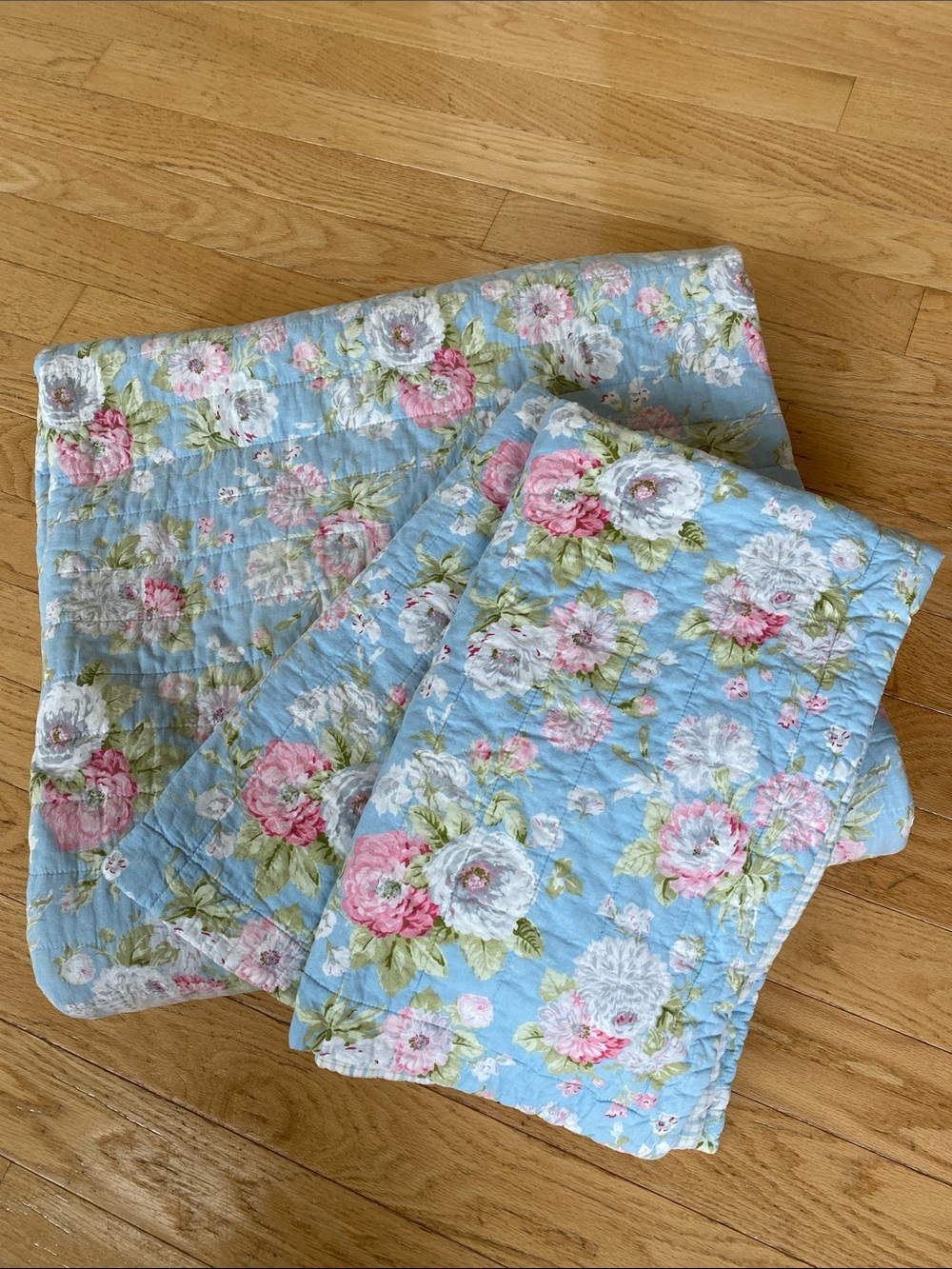 Laura Ashley Reversible Blue Pink Floral & Plaid Quilt and Pillow Shams